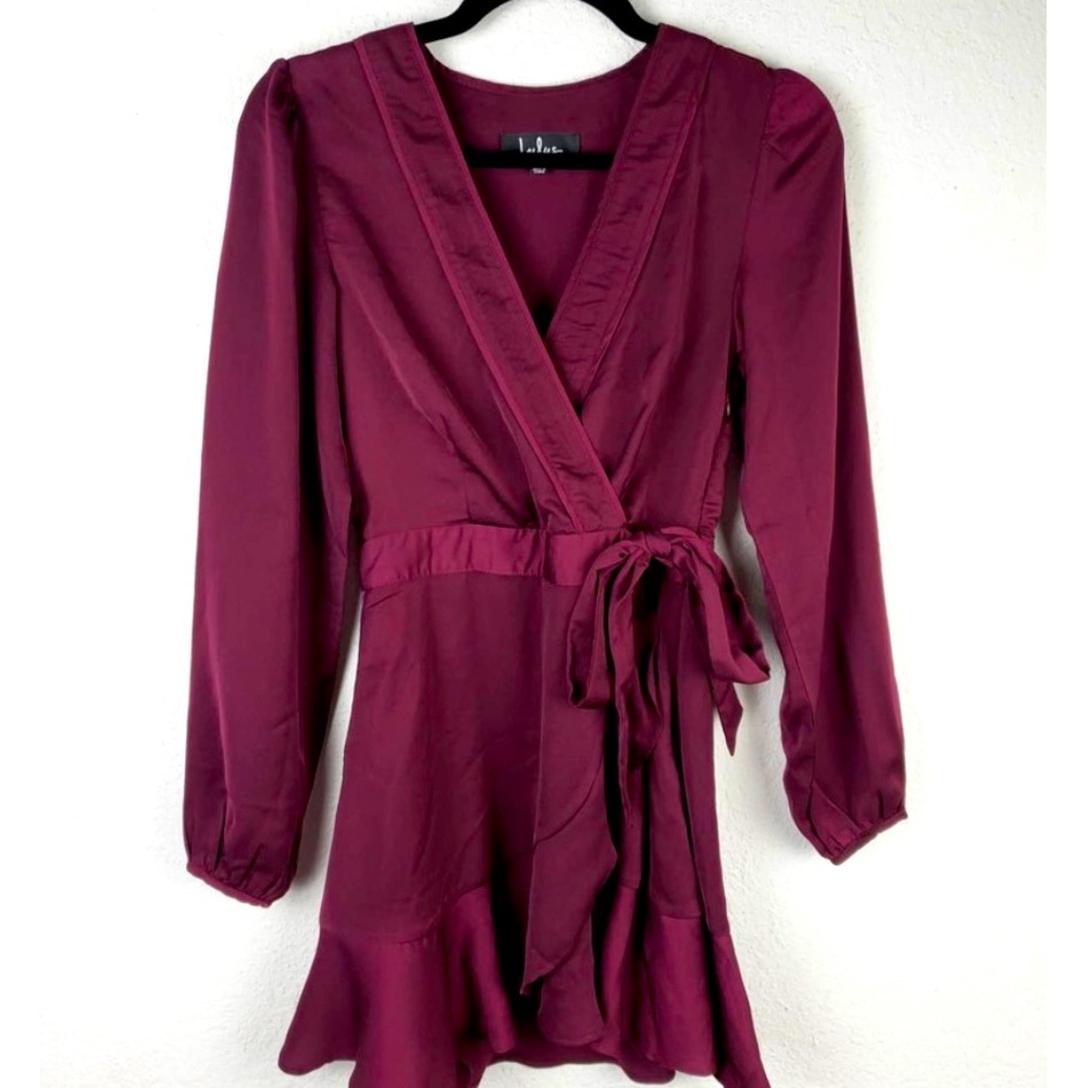 Lulu's Lilya Plum Long Sleeve Satin Wrap Dress